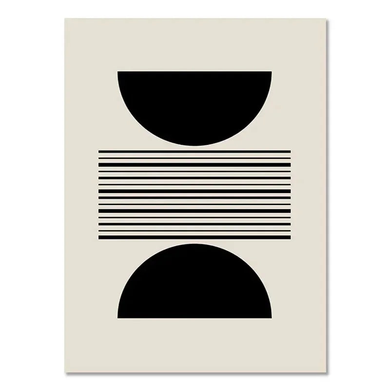 Abstract design with black semi-circles and horizontal lines on a beige background