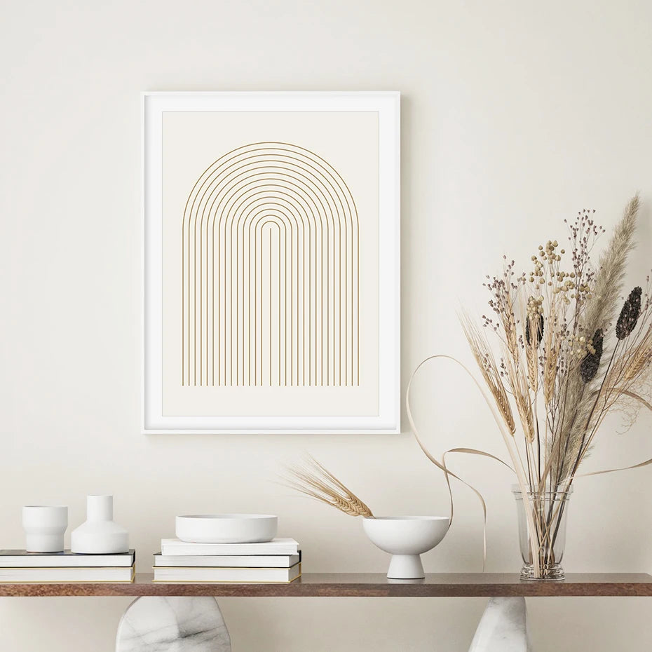 Framed abstract art on a wall with decorative elements below