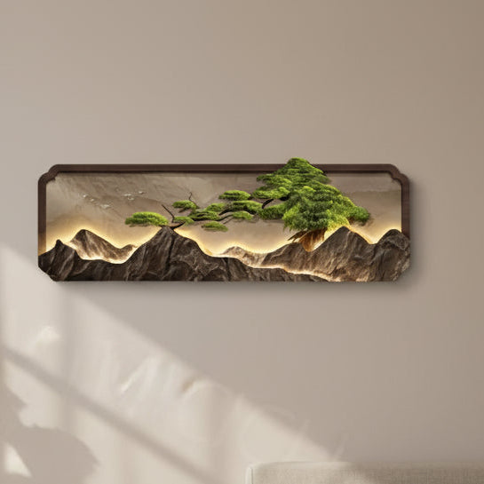3D LED framed wall light with windswept pine tree over layered mountain ridge — with and without backlight