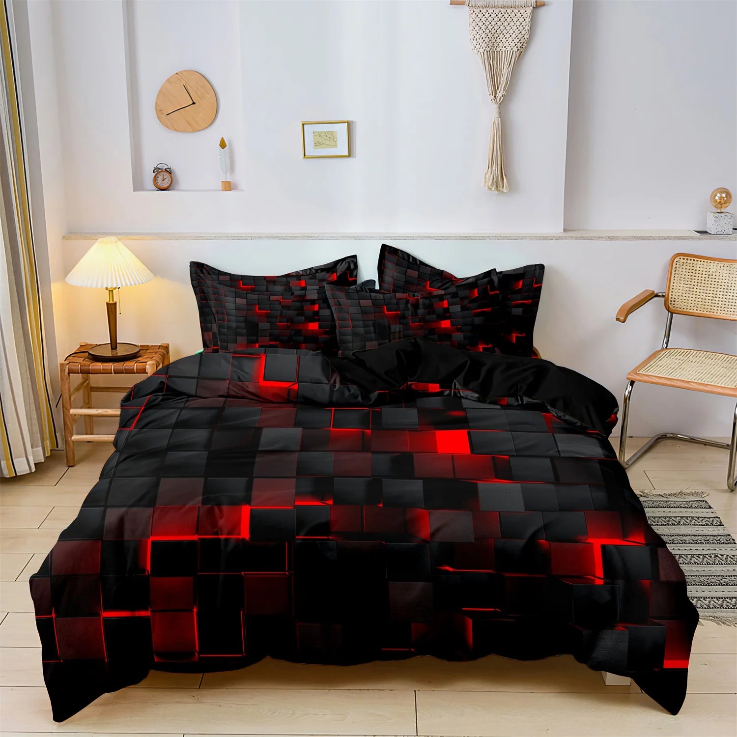 Black bedding set with red geometric block 3D print and matching pillowcases