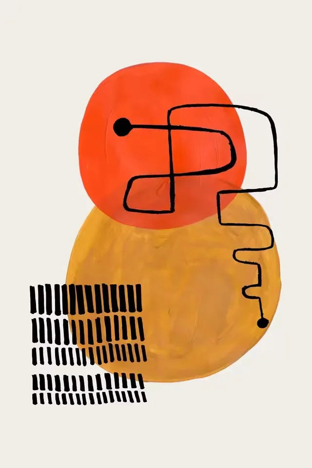 Abstract art piece with orange and yellow shapes and black lines on a beige background