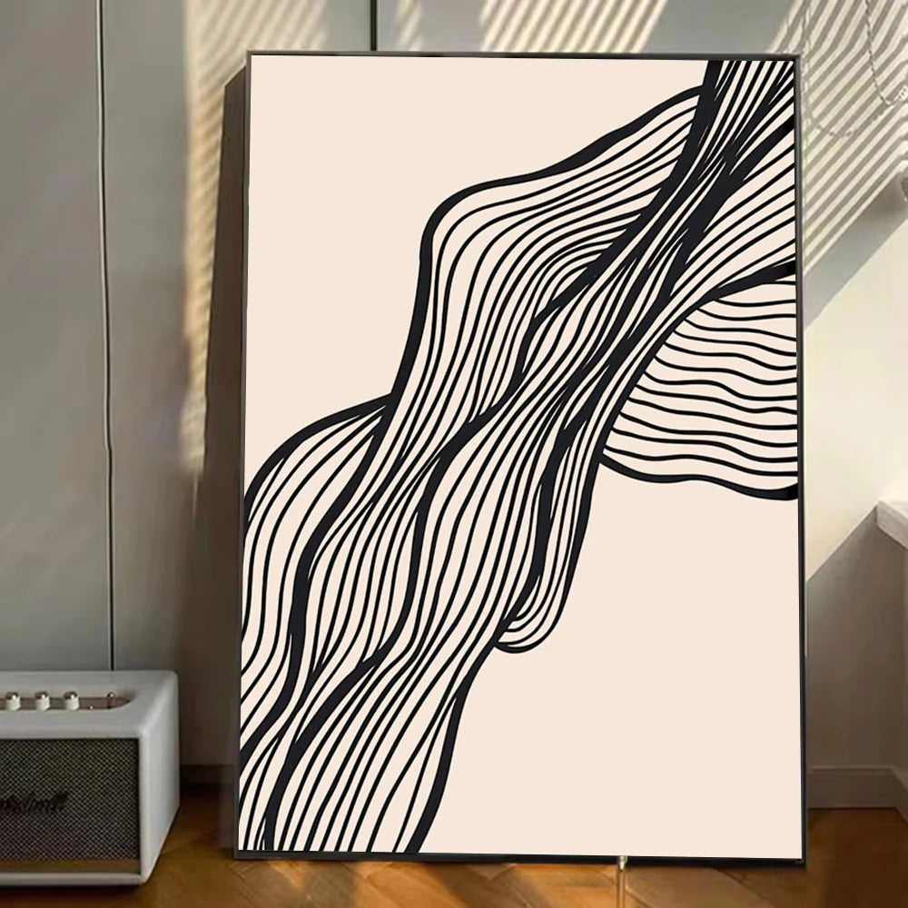 Minimal abstract line canvas print with black flowing contour lines on a neutral background