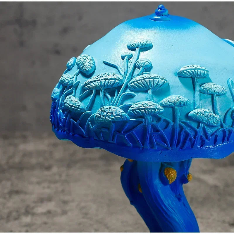 Blue glowing resin mushroom lamp with forest silhouette detailing