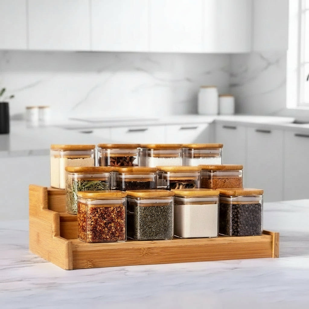 Bamboo spice rack with glass containers on a light surface, labeled 'Minimalist Design'.