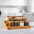 Bamboo spice rack with glass containers on a light surface, labeled 'Minimalist Design'.