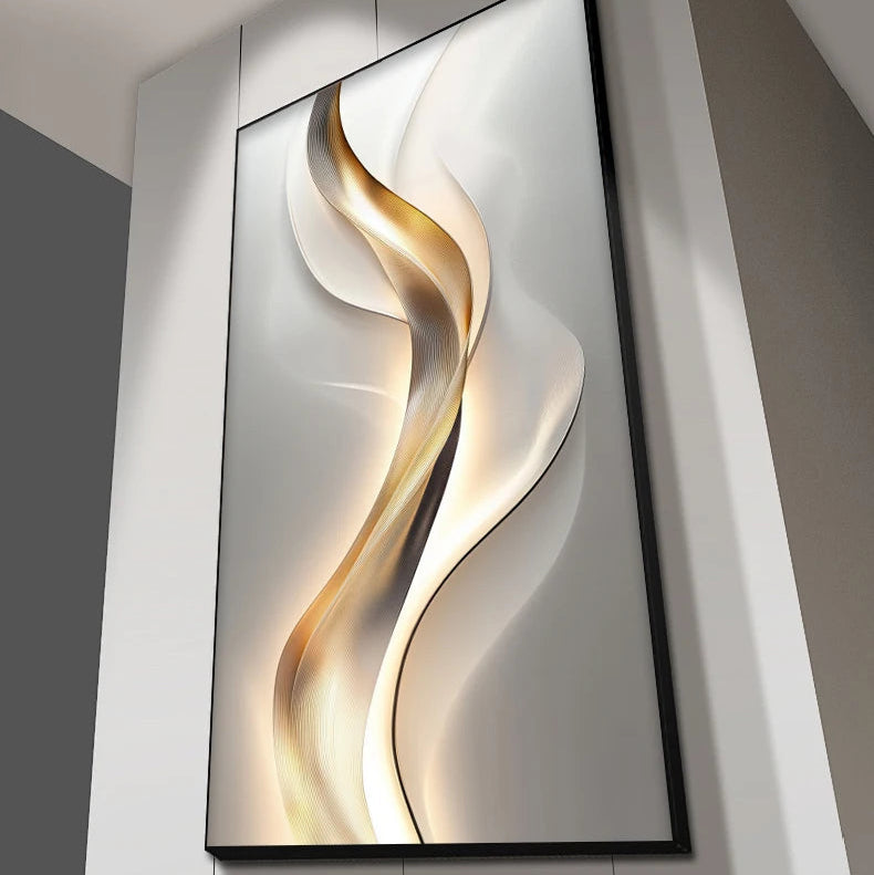 Bold gold ribbon abstract LED wall art panel with warm backlighting in a contemporary living space