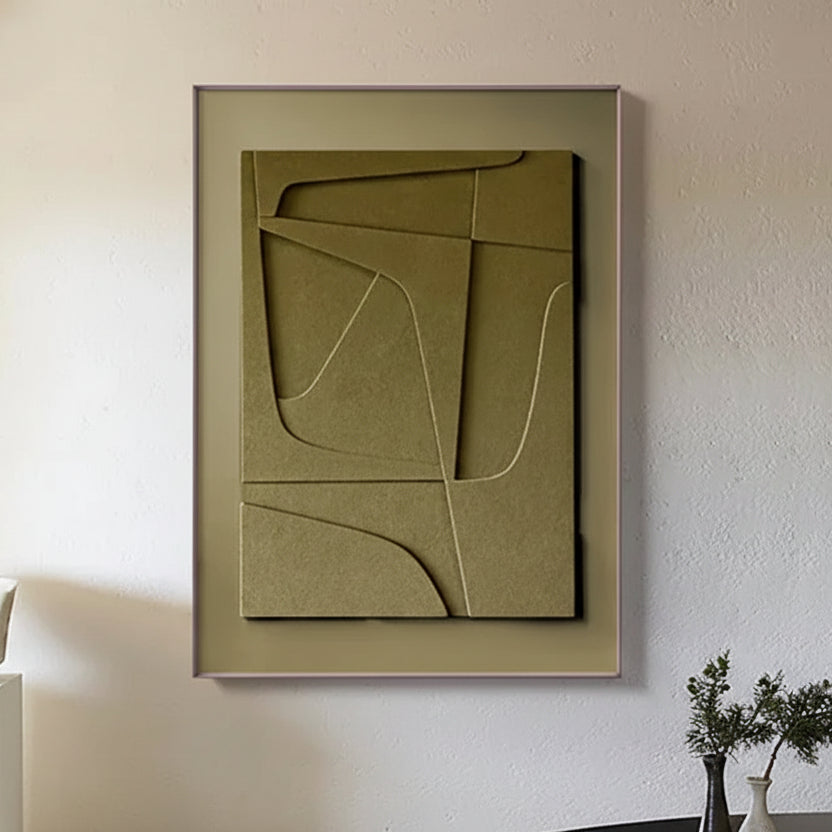 Abstract green painting on a wall with a minimalistic interior setting.