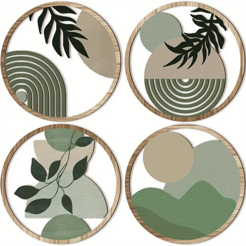 Four circular coasters with green and beige abstract designs on a white background