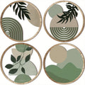 Four circular coasters with green and beige abstract designs on a white background
