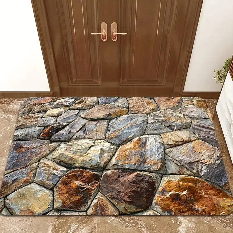 3D decorative doormat with a stone pattern in front of a wooden door.