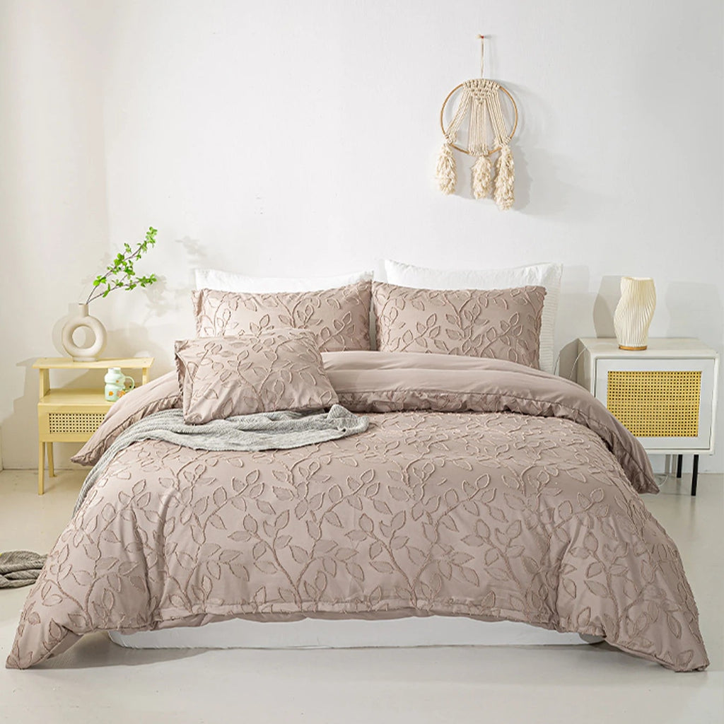 Taupe boho duvet cover with botanical jacquard detailing
