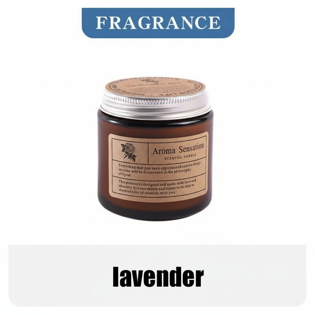 Aroma Sensation scented candle with lavender fragrance description on a white background
