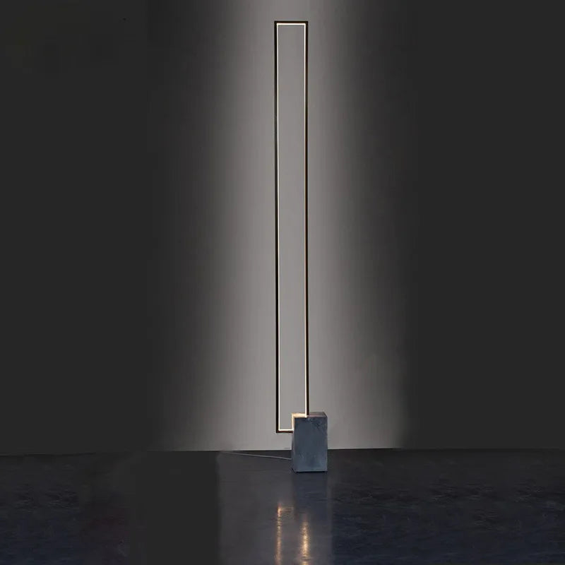 Rectangle Frame 130cm — Modern rectangular frame LED floor lamp with glowing outline and black block base, 130cm high.