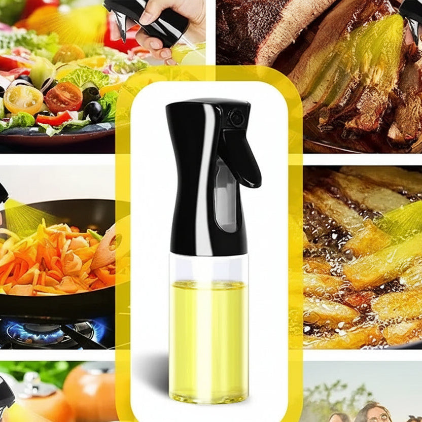 Olive oil sprayer surrounded by images of food preparation and people enjoying food.