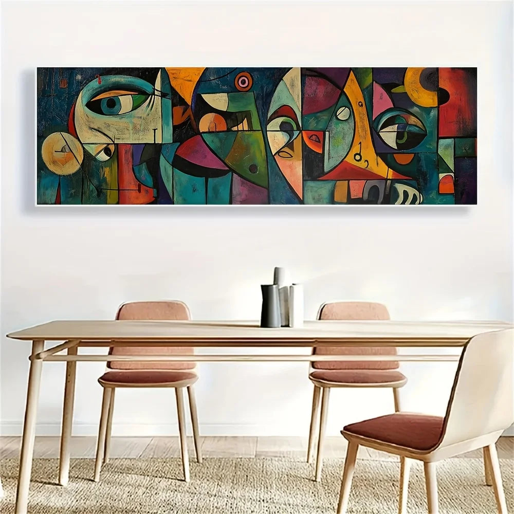 Dining room with a large abstract painting on the wall above a table and chairs.