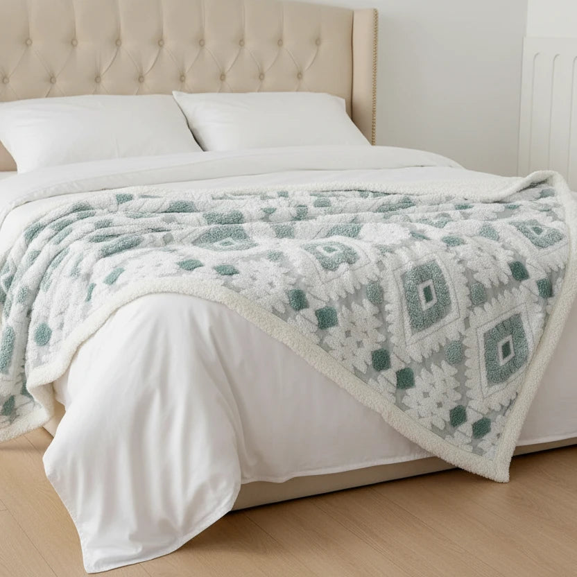 Sage green and ivory geometric fleece blanket layered over a neutral upholstered bed.