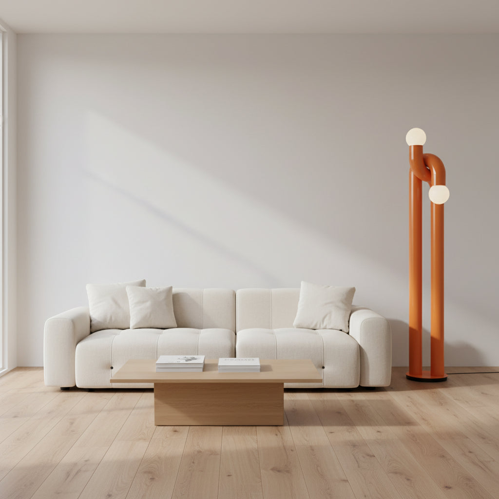 Orange sculptural floor light fixture with glass globe shades, 158cm