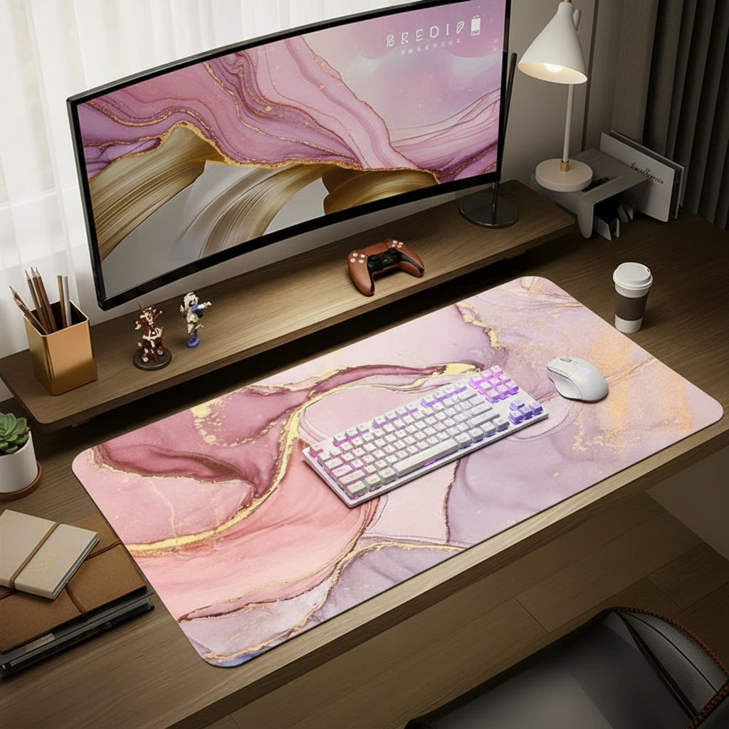 Gaming setup with a monitor, keyboard, mouse, and mouse pad on a desk.