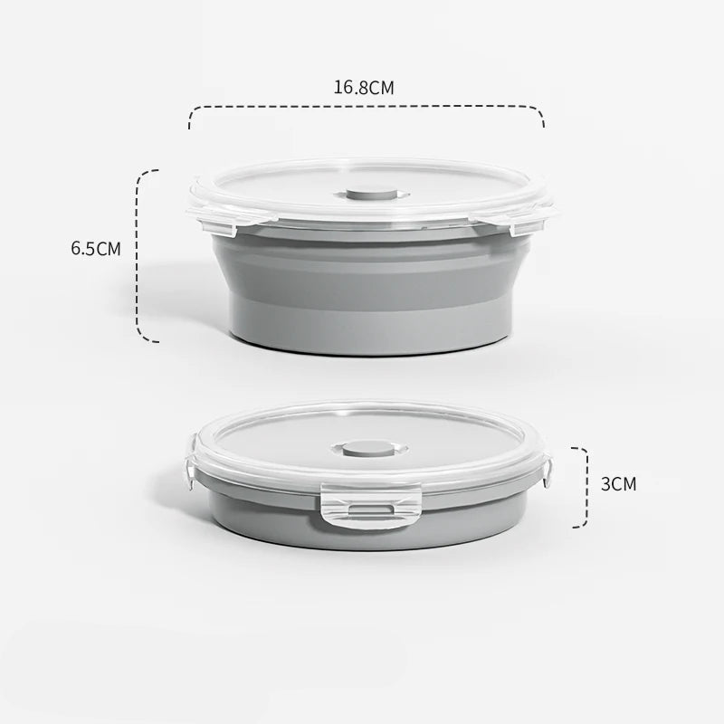 800ml Grey: Grey round collapsible silicone food container with clear leakproof lid, shown expanded and folded