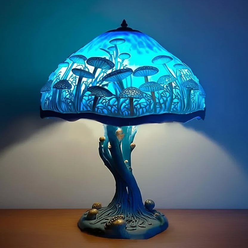 Blue glowing resin mushroom lamp with forest silhouette detailing