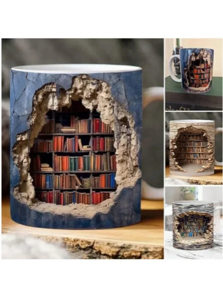 Mug with a design of books through a hole, surrounded by other similar mugs.