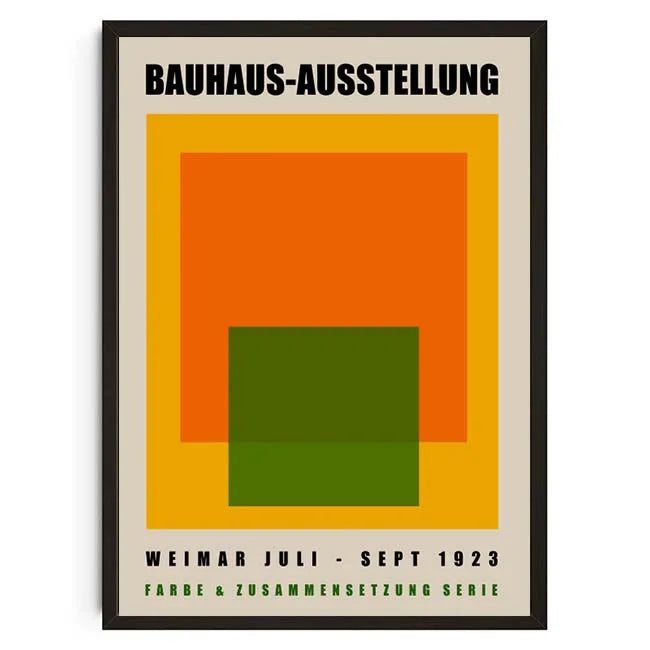Bauhaus-Ausstellung poster with orange and green rectangles on a beige background