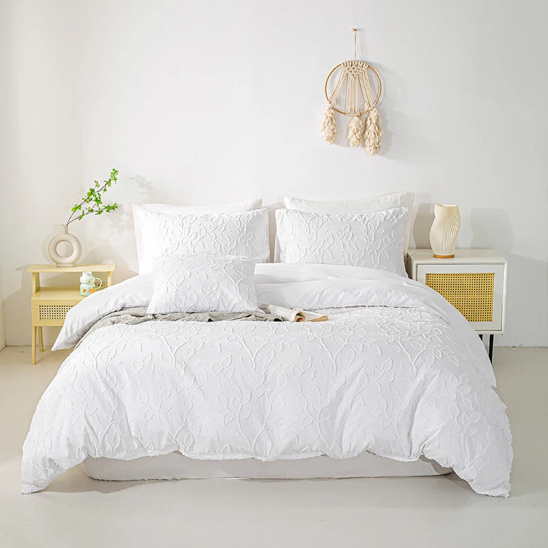 White jacquard duvet cover set with raised leaf pattern