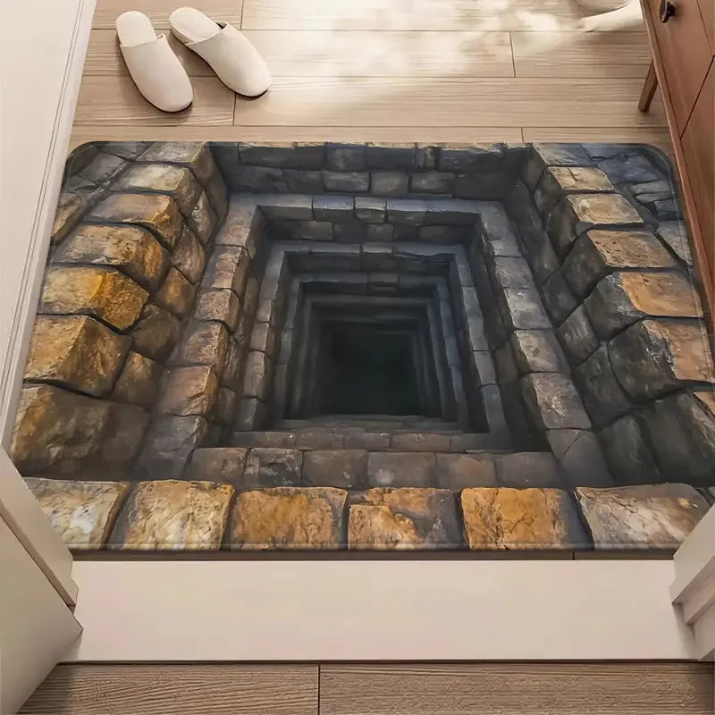 3D optical illusion floor mat with stepped stone well depth effect in warm tones