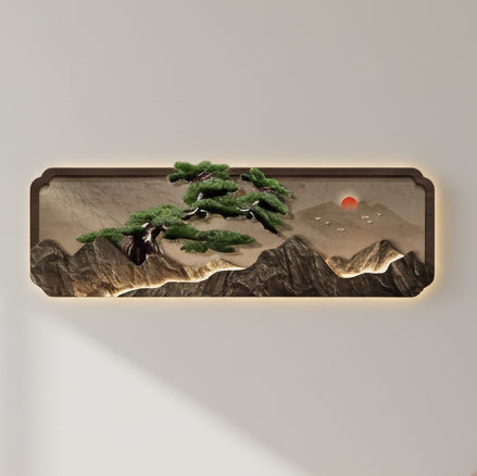 3D LED framed wall light with pine tree, eagle, red sun and mountain ridge scene — with and without backlight