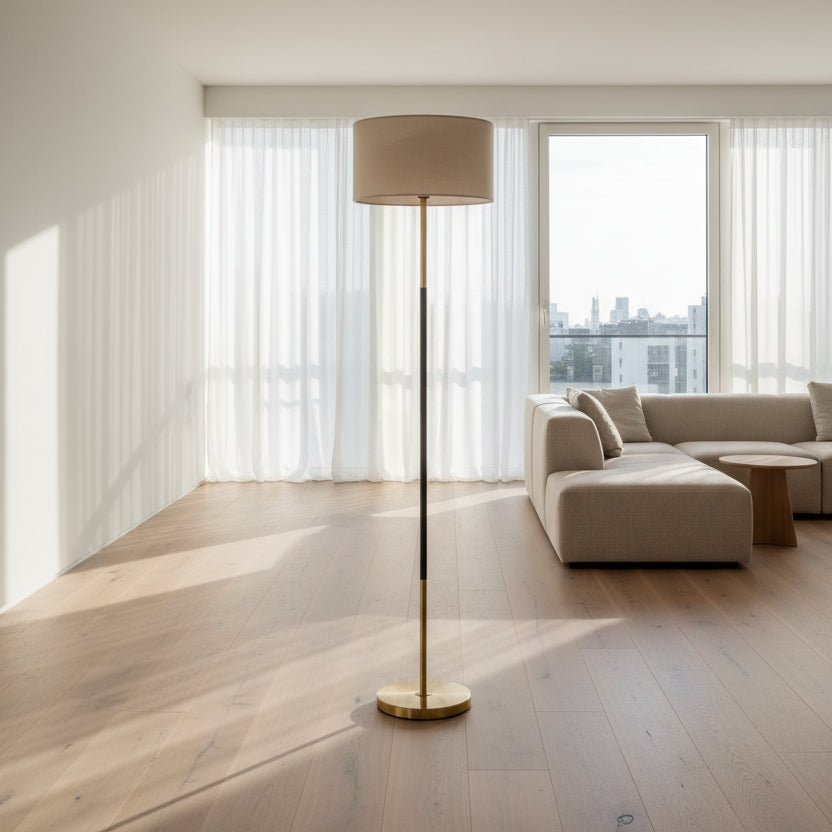 Modern Art Floor Lamp in Black and Gold with dimensions showing 158cm height and 38cm shade diameter.