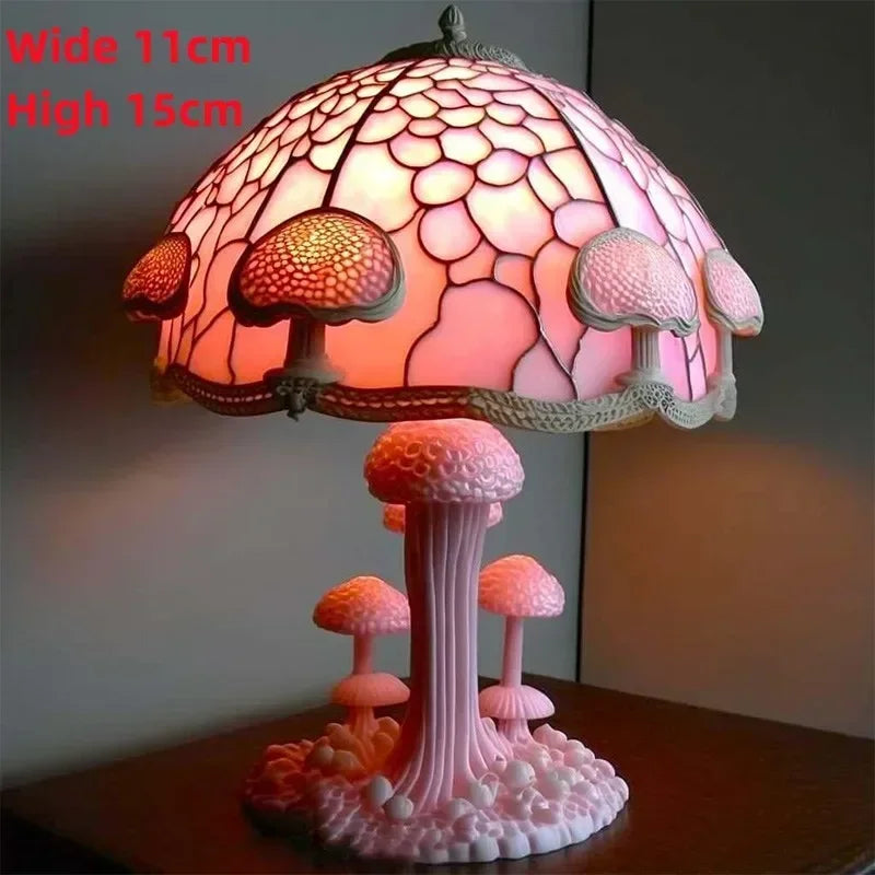 Pink-stained resin mushroom lamp with forest-style sculpted base