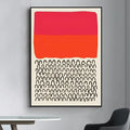 Modern canvas print with bold pink and orange upper block and black arch pattern below