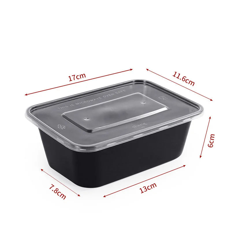 1000ml rectangular black microwave-safe food container with clear lid and dimensions shown