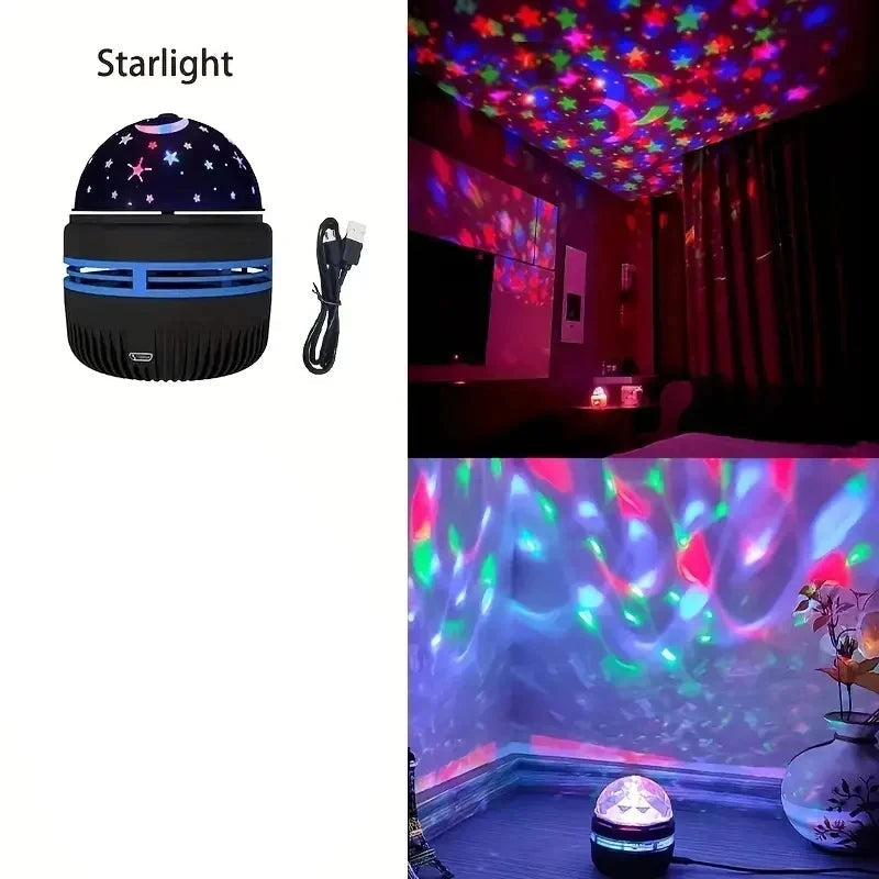 Starlight and crystal lamp with colorful projections in a room setting.
