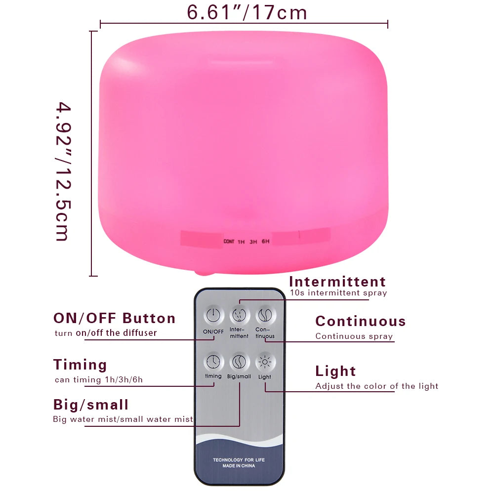 Pink diffuser with dimensions and control panel illustration on a white background