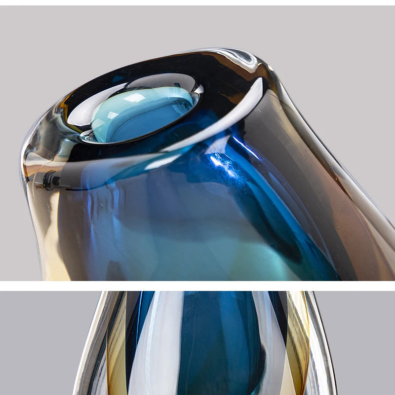 Close-up detail of layered blue glass core inside clear casing