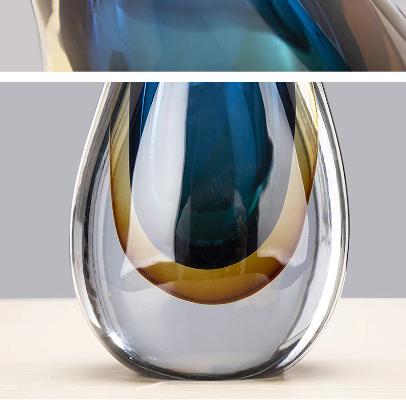 Modern Gradient Glass Decorative Vase – Sculptural Blue & Amber Glass Home Décor