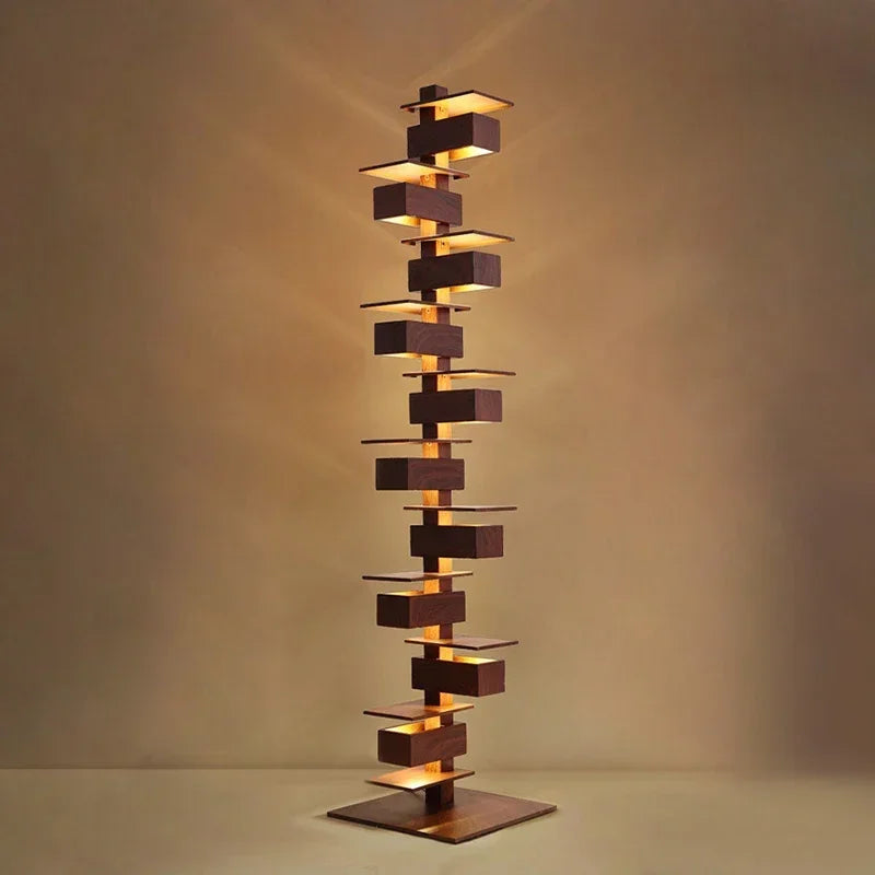 Gun black geometric floor lamp with tall stacked design, 182cm height and square base