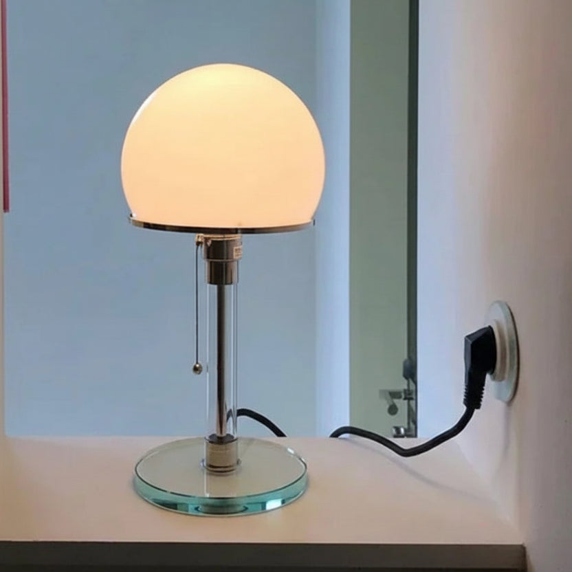 Mushroom table lamp with frosted glass shade and polished chrome body,