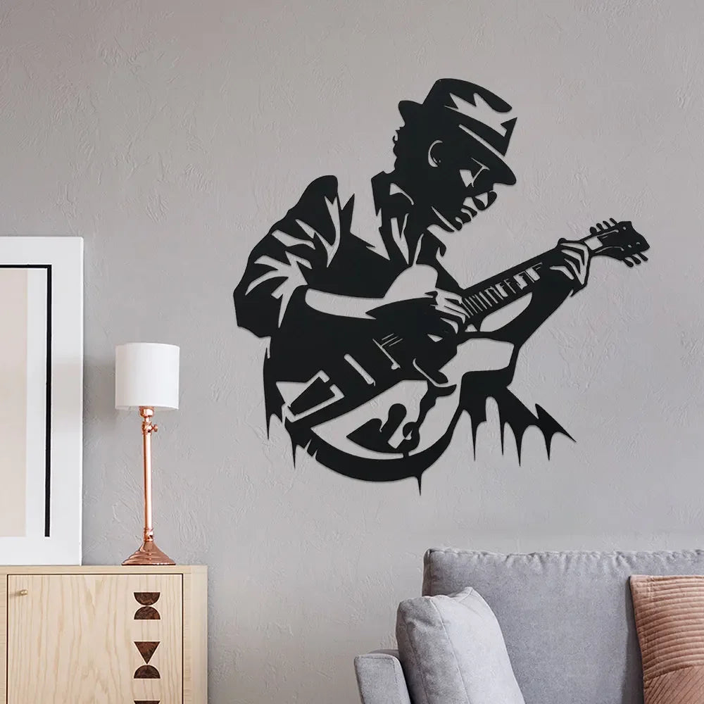 Black guitarist metal wall art with silhouette cut-out design, approx. 28cm x 28cm