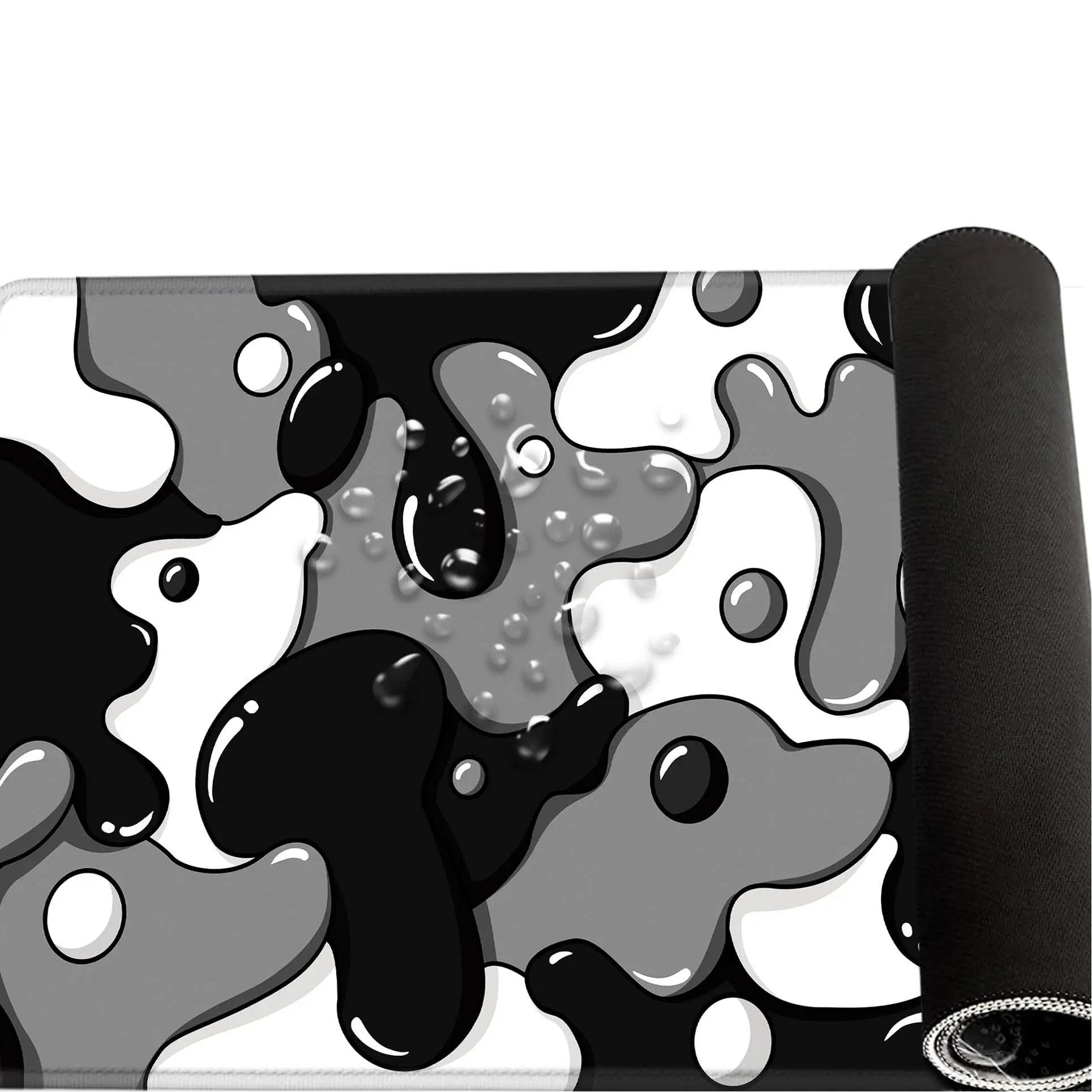 Black and white abstract design on a product with text about waterproof design.