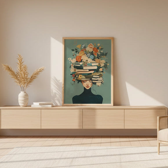 Canvas print of a serene woman with stacked books and floral crown on a teal background