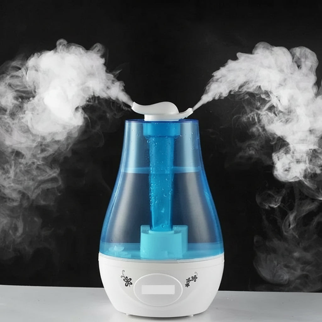 Humidifier with steam release on a dark background, featuring the Luckima brand.