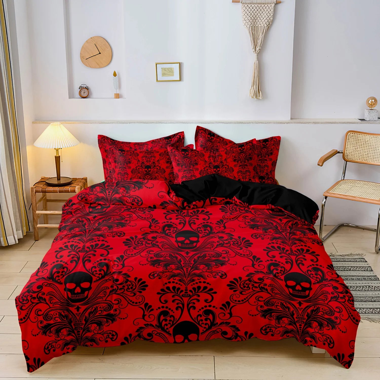 Crimson red skull print duvet cover set styled on a bed with matching pillowcases