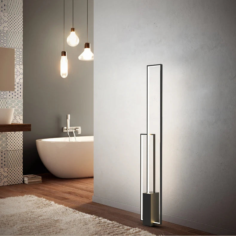 Offset Frame 120cm — Creative floor lamp with offset rectangular frame design and black base, shown in a 120cm height layout.
