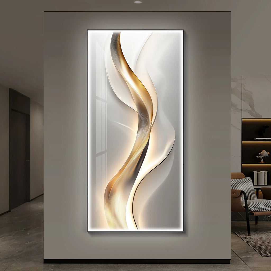 Bold gold ribbon abstract LED wall art panel with warm backlighting in a contemporary living space