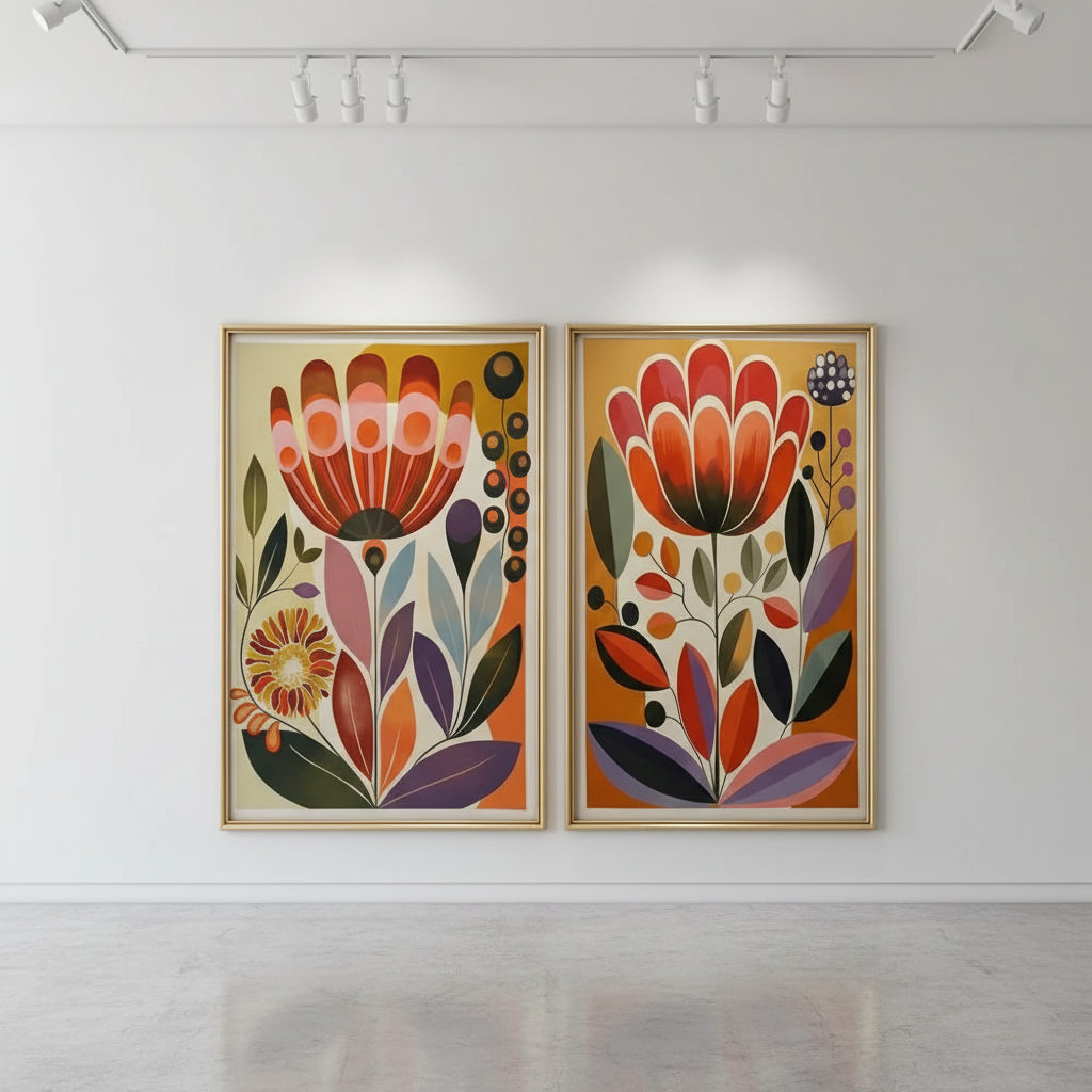 A pair of large unframed abstract floral canvas prints in gold frames leaning against a white wall.