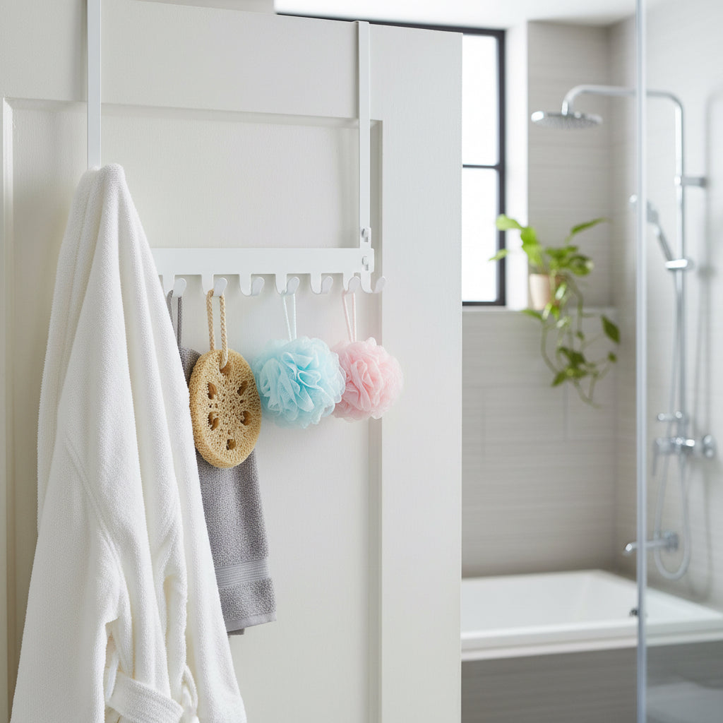 White over-the-door organiser rack used in a bathroom for towels and bath accessories