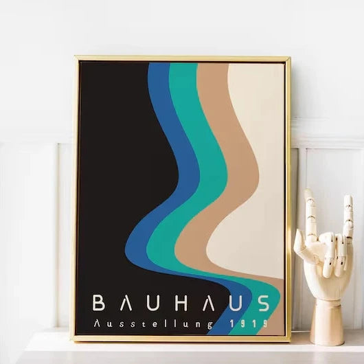 Bauhaus cotton canvas print with layered blue and beige wave forms on a black background