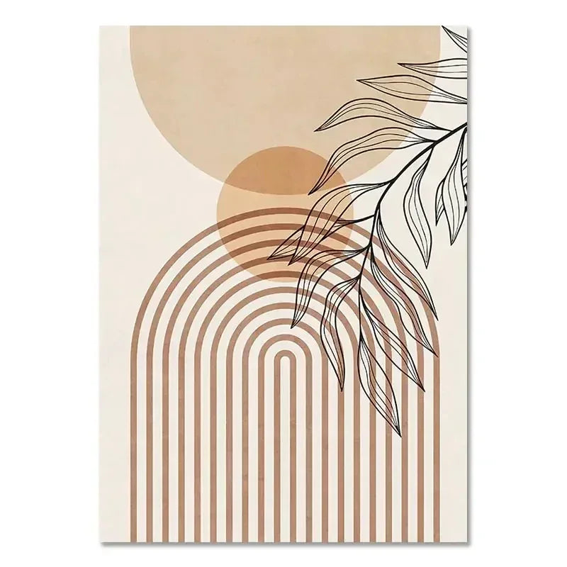 Decorative poster with abstract design of leaves and geometric shapes on a beige background